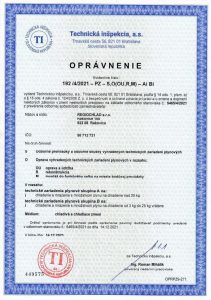 Oprávnenie - Odborné prehliadky a odborné skúšky vyhradených technických zariadení plynových